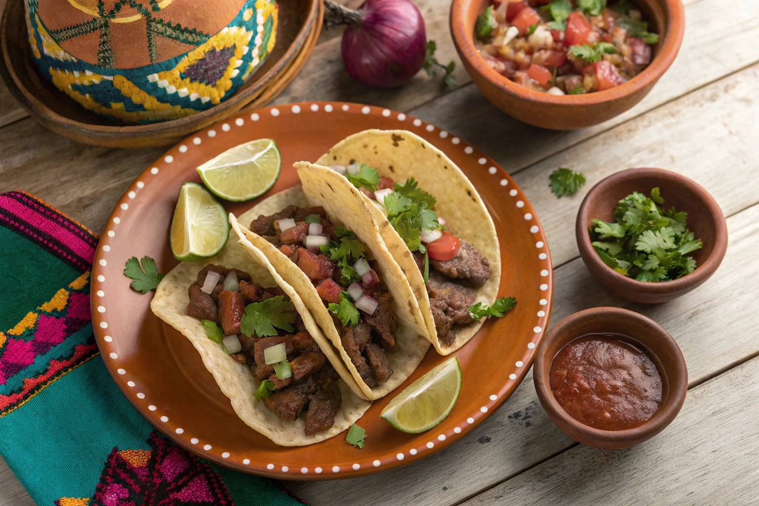Plate of tacos de lengua with cilantro and lime.