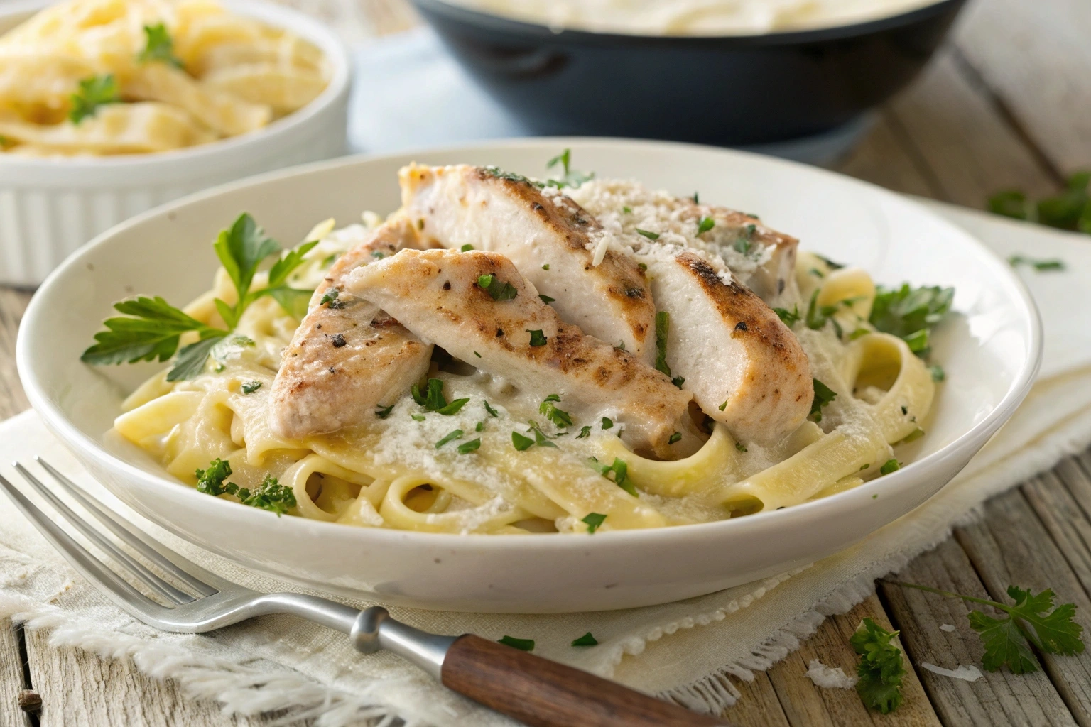Creamy garlic parmesan chicken pasta garnished with parsley