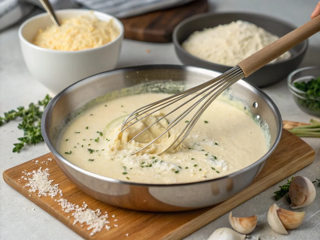Whisking creamy garlic Parmesan sauce in a pan