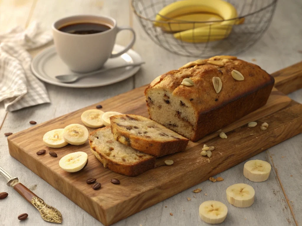 Slices of banana bread served with coffee.