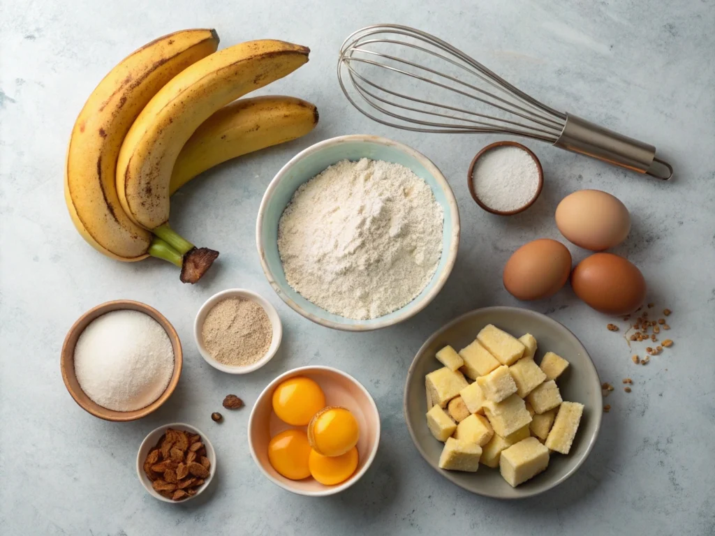  Ingredients for a 2 banana bread recipe on a counter.