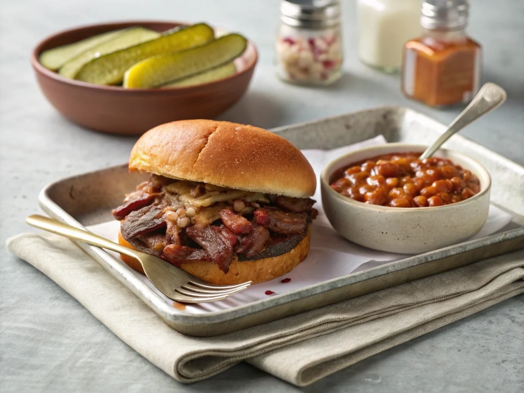 Beef brisket sandwich served with baked beans and a pickle