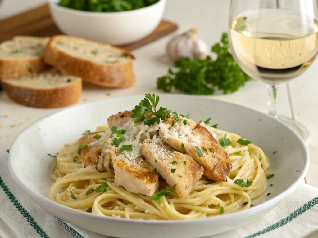 Plated garlic parmesan chicken pasta with garlic bread on the side