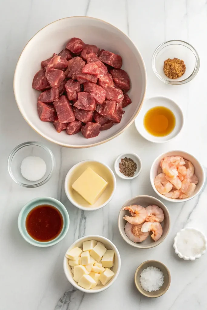 Ingredients for hibachi steak and shrimp on a counter.