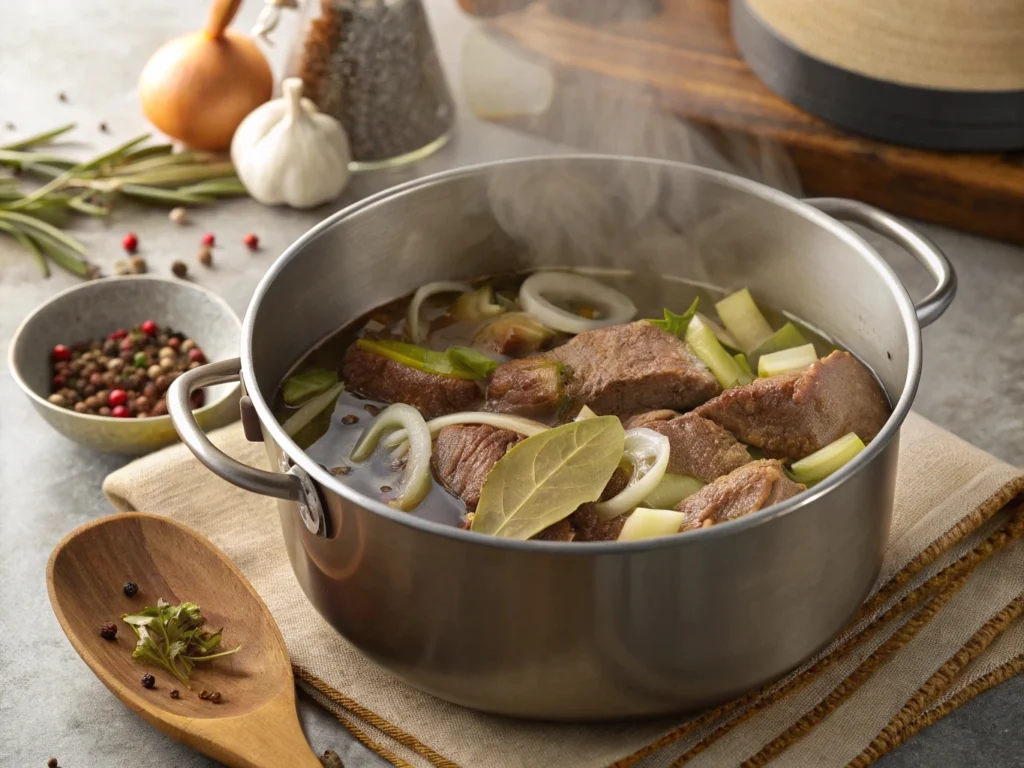 Stockpot with beef tongue and aromatics for tacos de lengua.