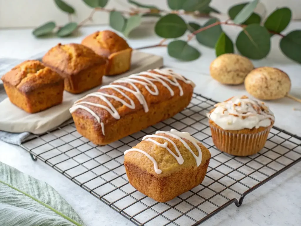 Sweet potato bread mini loaves and muffins with cream cheese glaze.