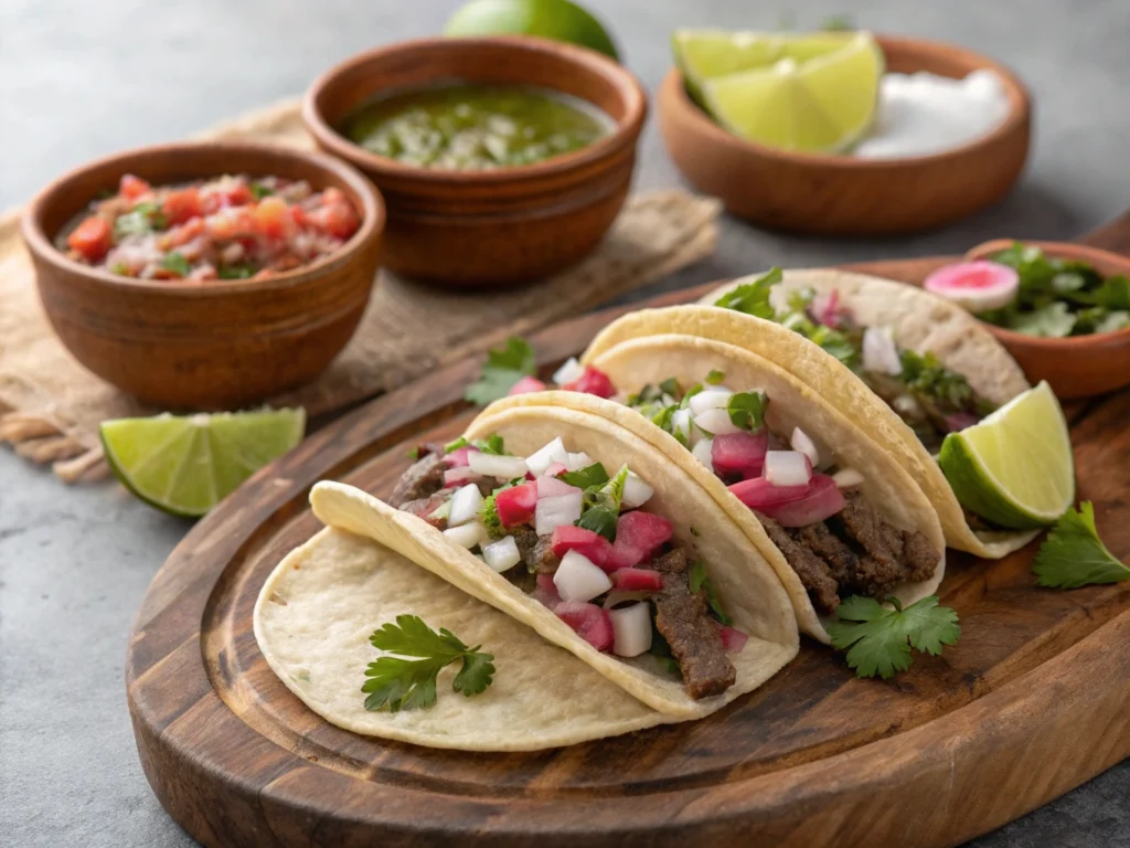 Assembled tacos de lengua with toppings and salsa verde.