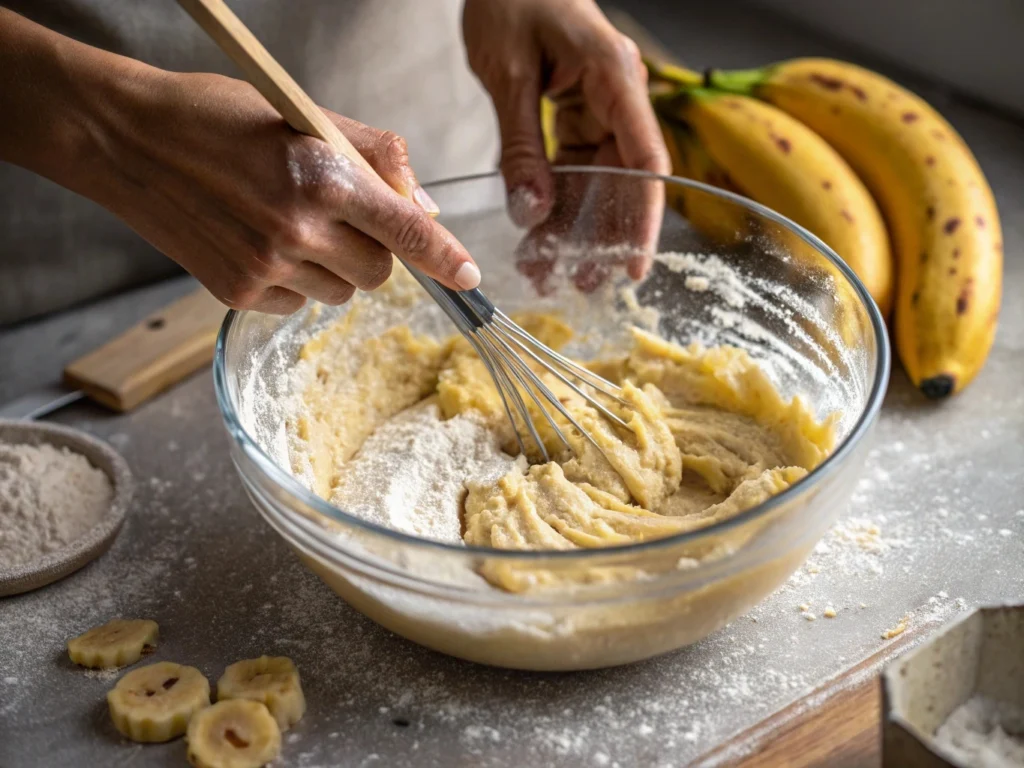 Mixing the banana bread batter for a 2 banana recipe.