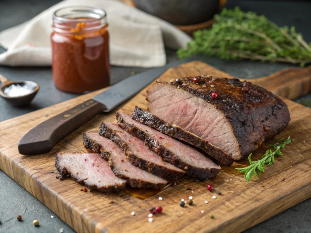 Sliced beef brisket on a wooden cutting board