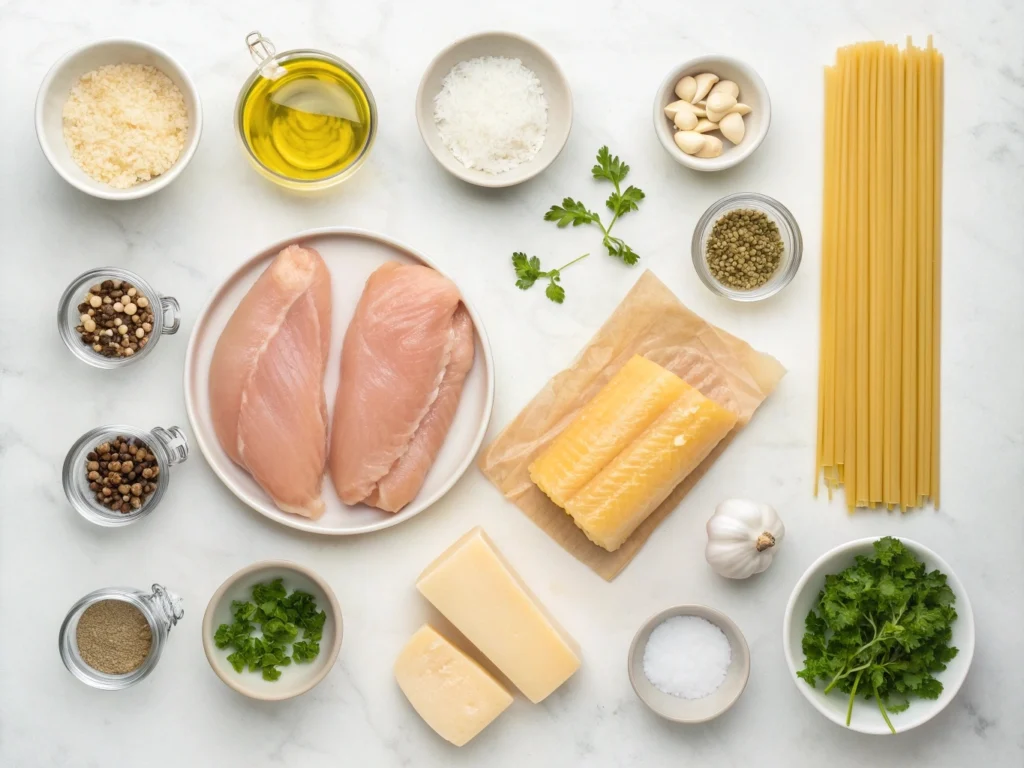 Ingredients for garlic parmesan chicken pasta arranged on a counter