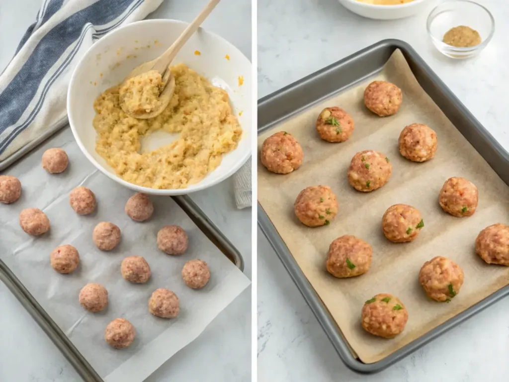Rolling raw sausage balls onto a lined baking tray.