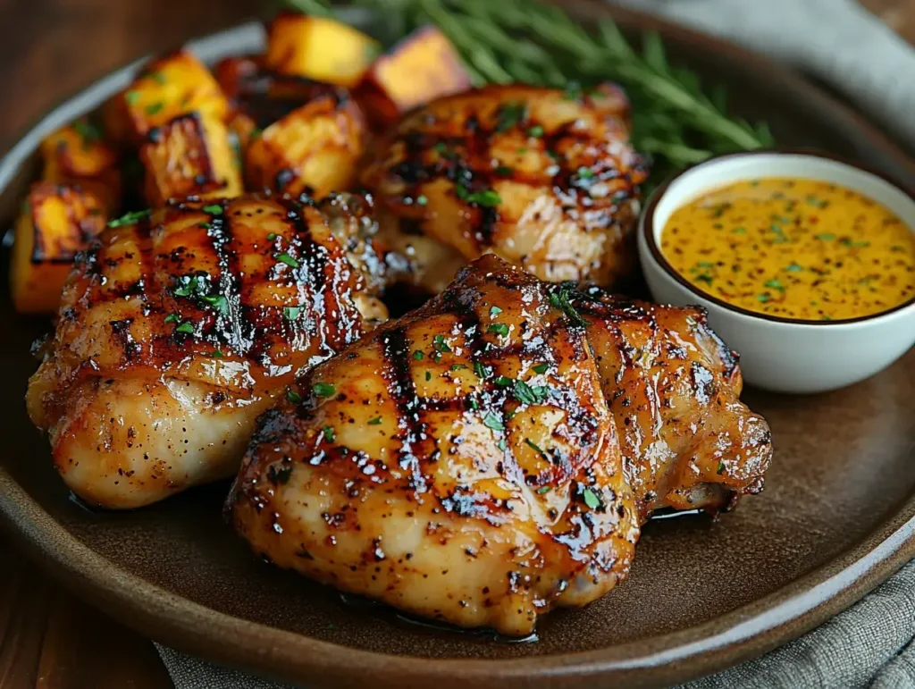 A beautifully grilled chicken dish glazed with hot pepper mustard.