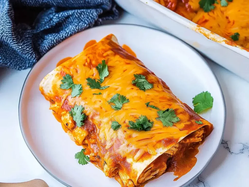 A single enchilada served on a white plate, garnished with cilantro and accompanied by a napkin.