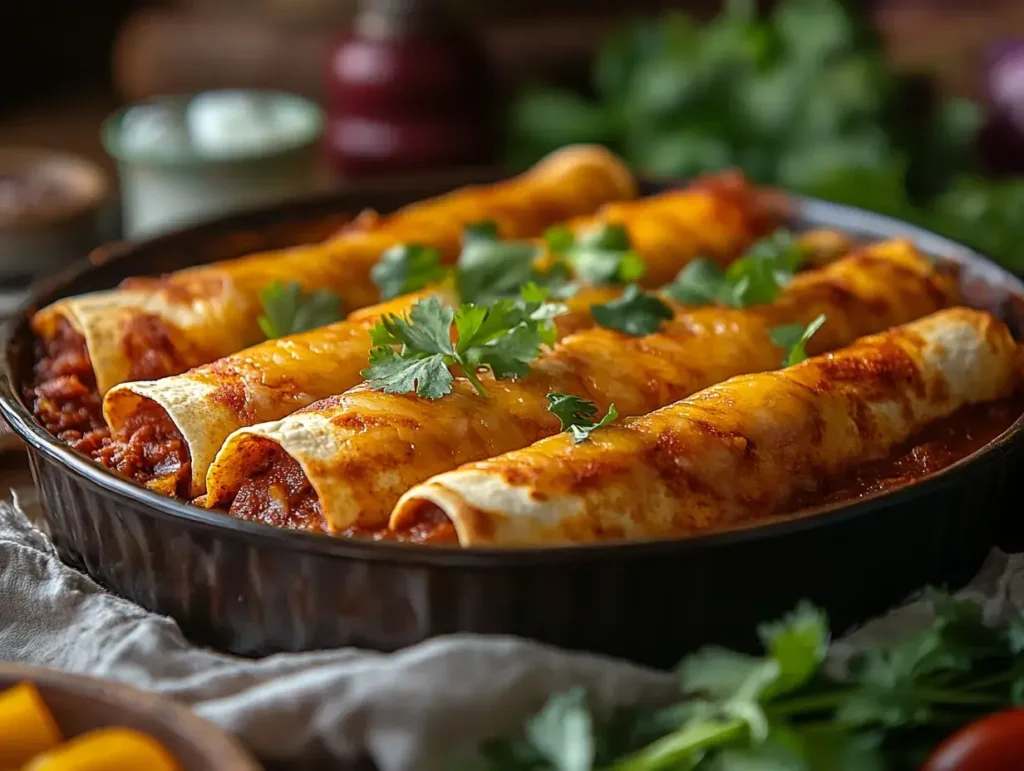Freshly baked enchiladas topped with melted cheese and garnished with cilantro in a rustic baking dish.