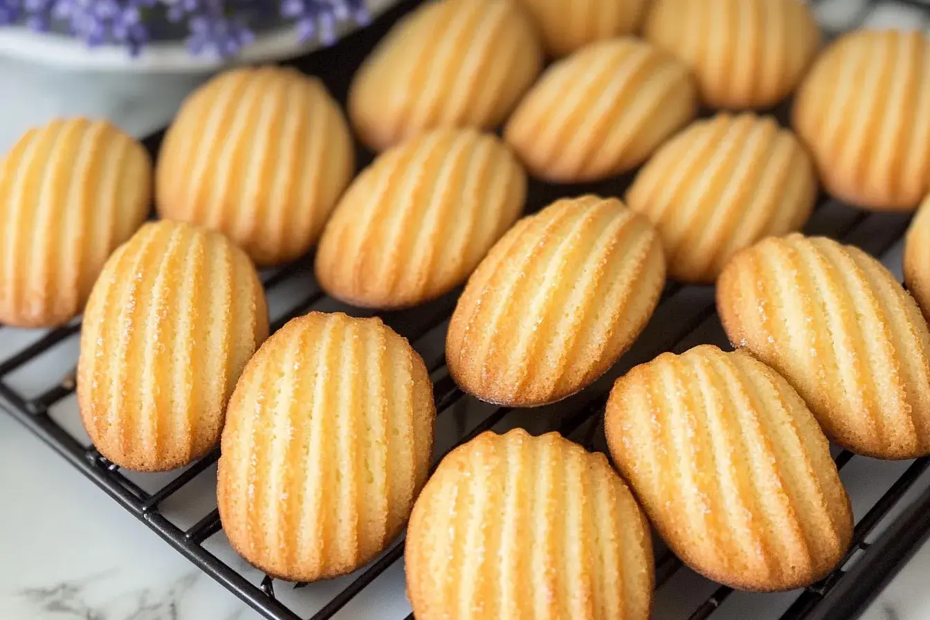 Freshly baked lemon madeleines cooling on a wire rack with a golden finish.
