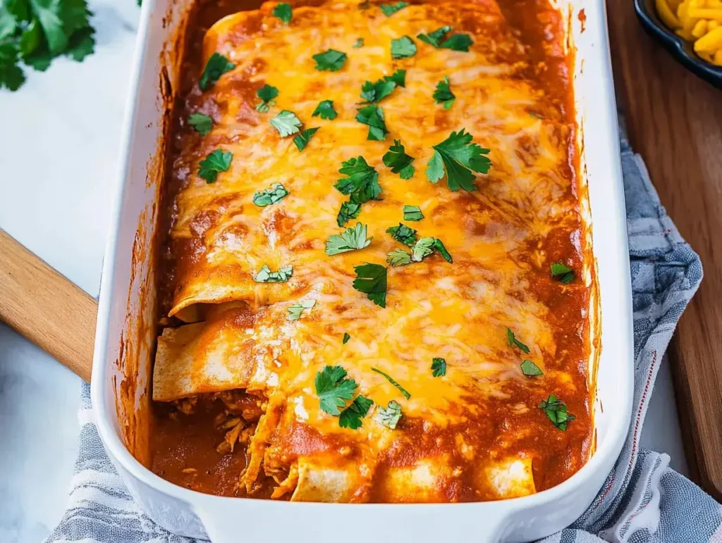 Baked enchiladas garnished with fresh cilantro in a white ceramic dish.
