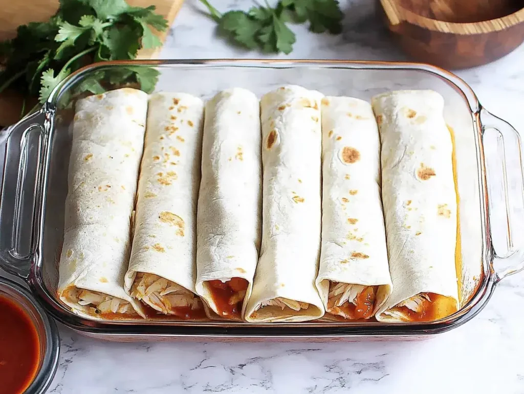 Rolled tortillas filled with ingredients neatly arranged in a baking dish.