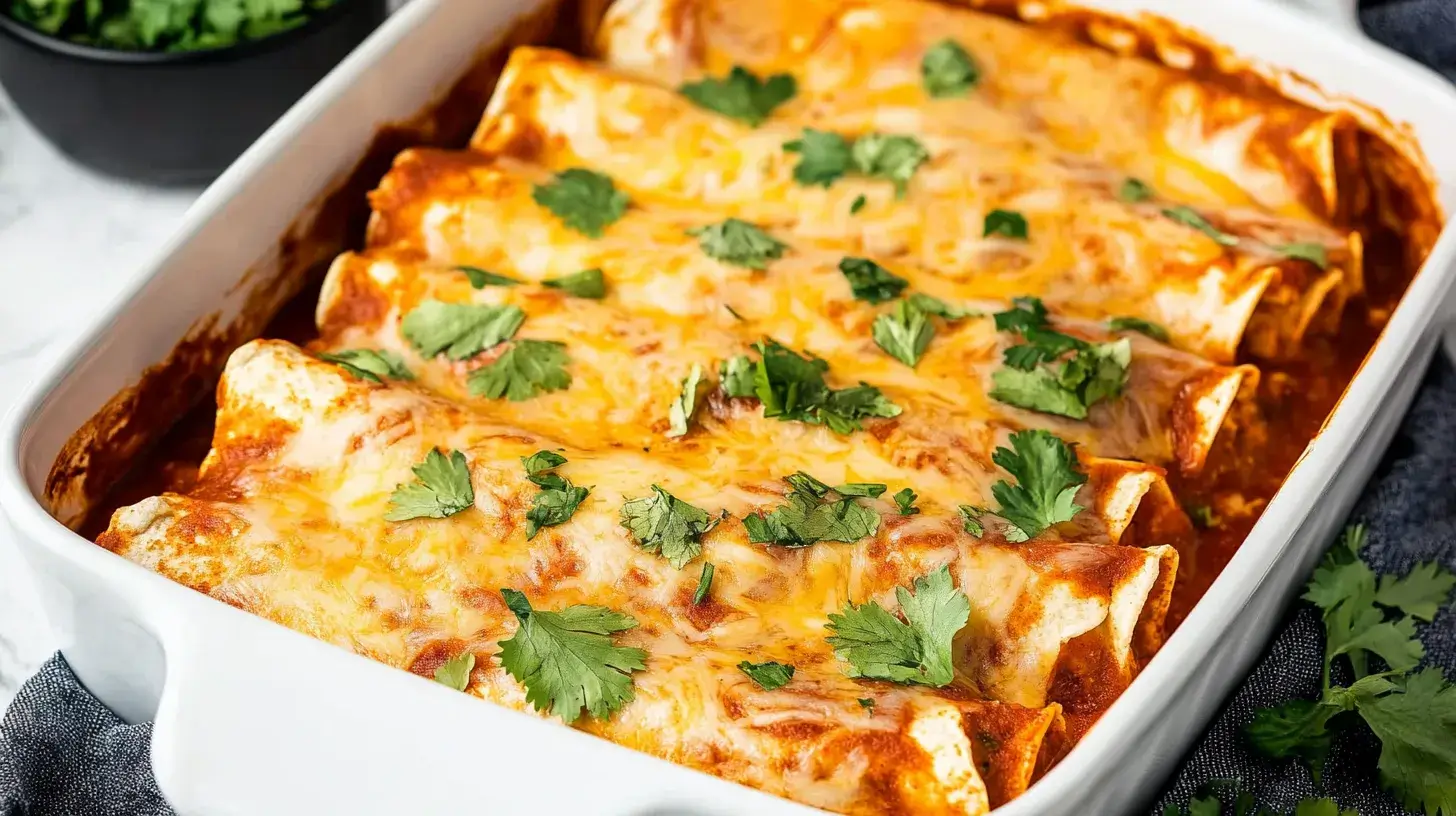 Freshly baked enchiladas topped with melted cheese and garnished with fresh cilantro.