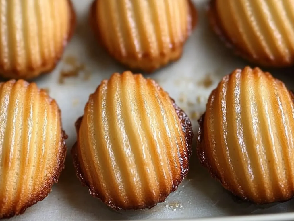 A close-up of golden brown lemon madeleines with perfectly caramelized edges.