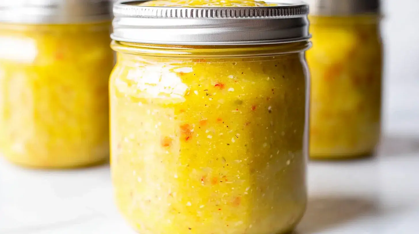 A jar of homemade hot pepper mustard ready to serve.