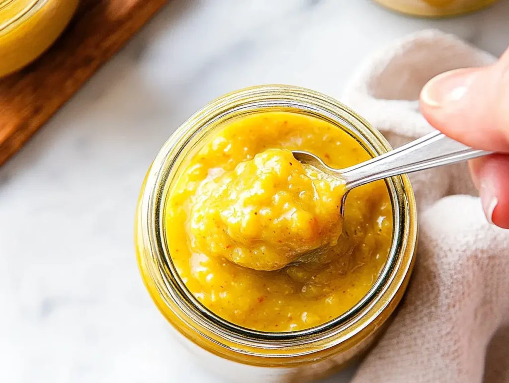 A spoonful of homemade hot pepper mustard being lifted from a jar.