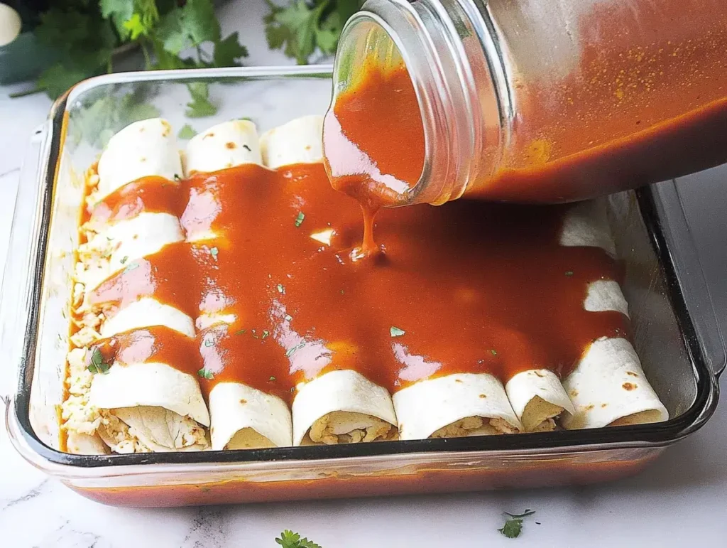 Enchiladas being topped with homemade enchilada sauce poured from a jar.