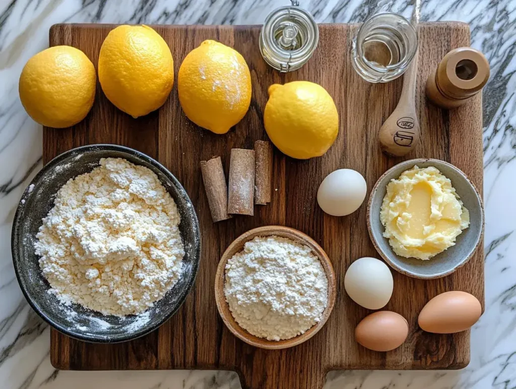 Ingredients for baking lemon madeleines, including lemons, flour, eggs, and butter, displayed on a marble countertop.