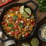 Easy ground chicken Mexican corn recipe in skillet with lime and cotija cheese