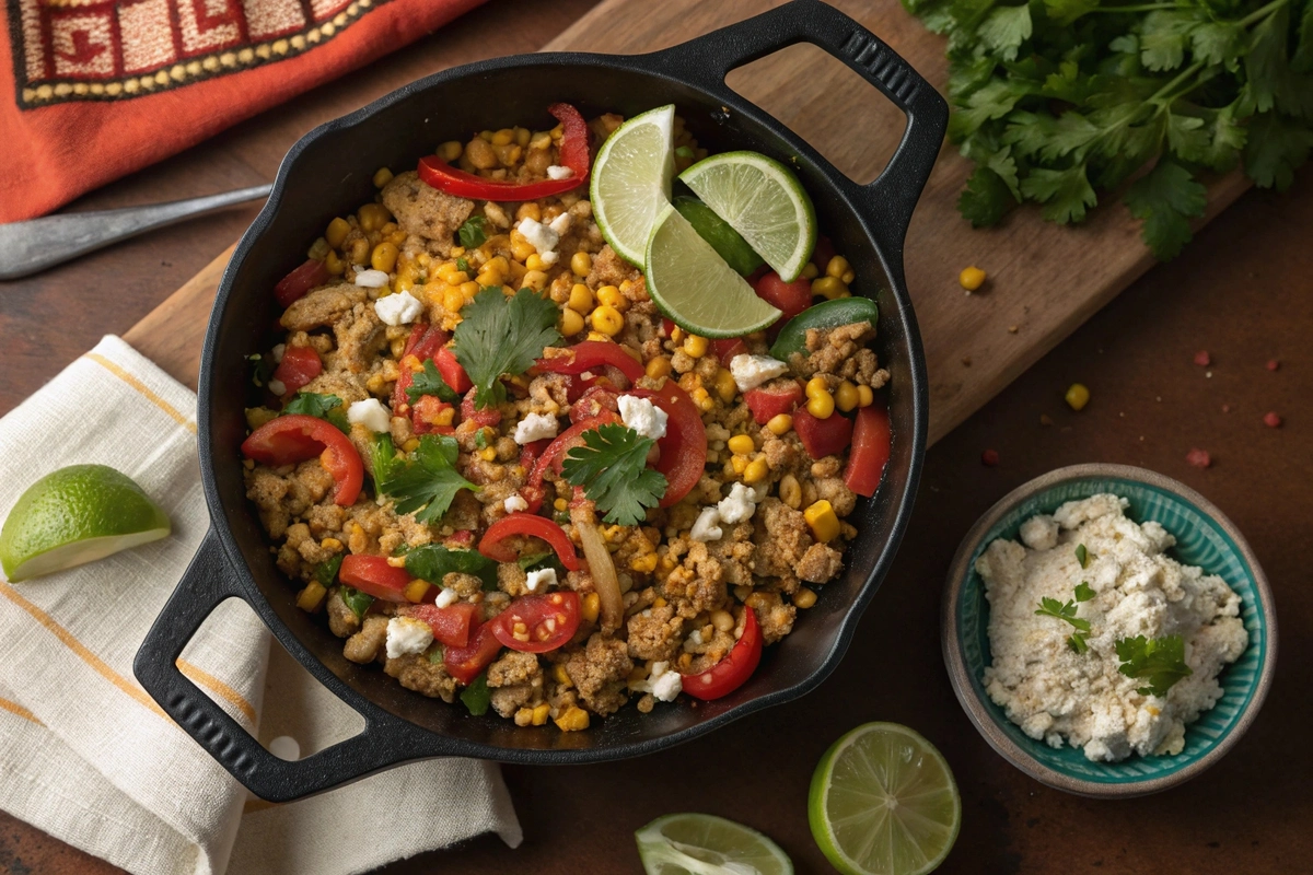Easy ground chicken Mexican corn recipe in skillet with lime and cotija cheese