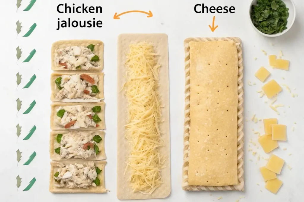 Step-by-step assembly of chicken and cheese jalousie recipe.