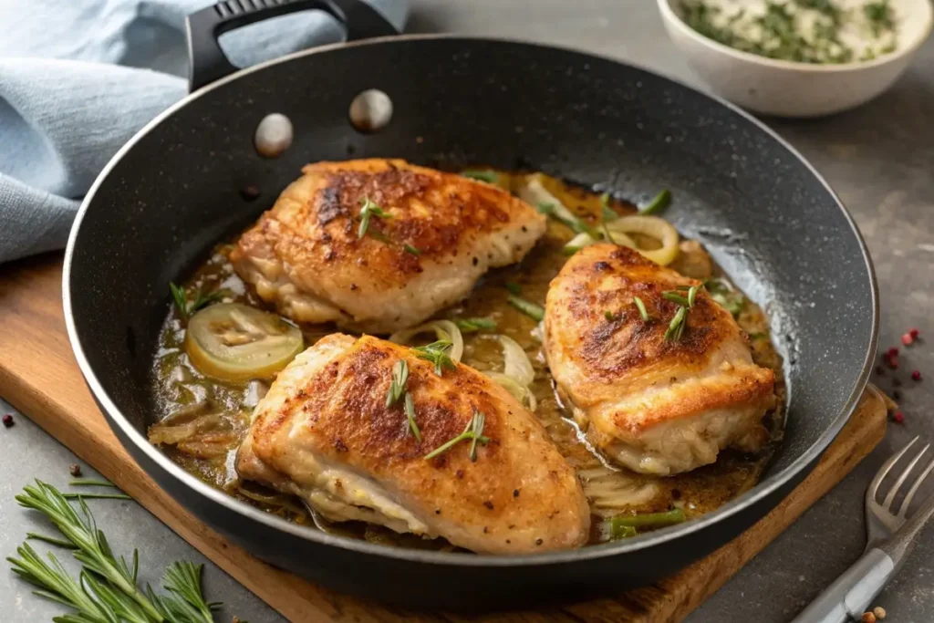 Browning chicken for french onion chicken and rice recipe.