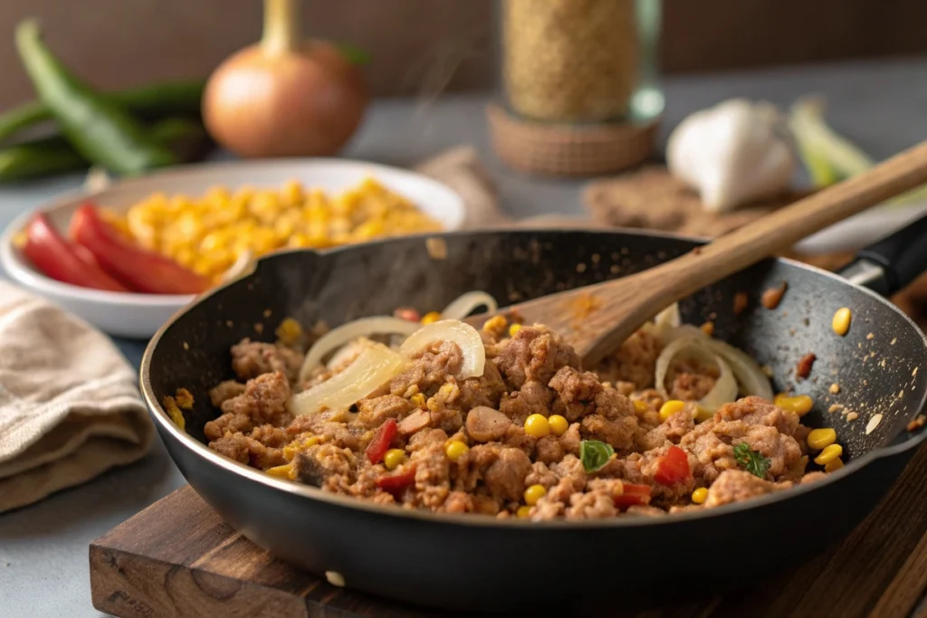  Cooking ground chicken and spices in skillet