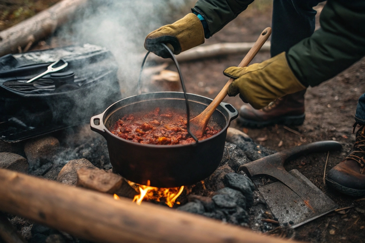 Cooking venison chili in Dutch oven over campfire