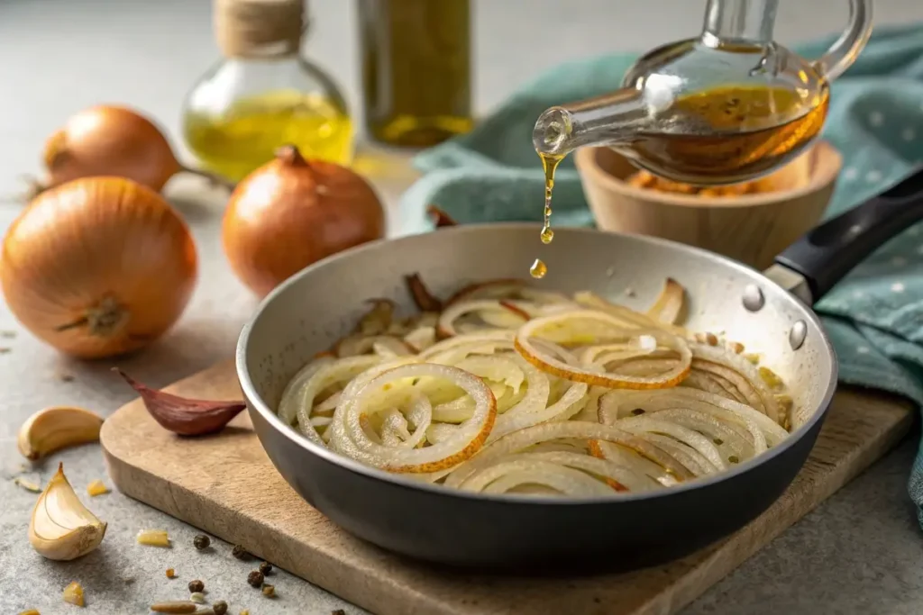 Caramelizing onions for french onion chicken and rice recipe.