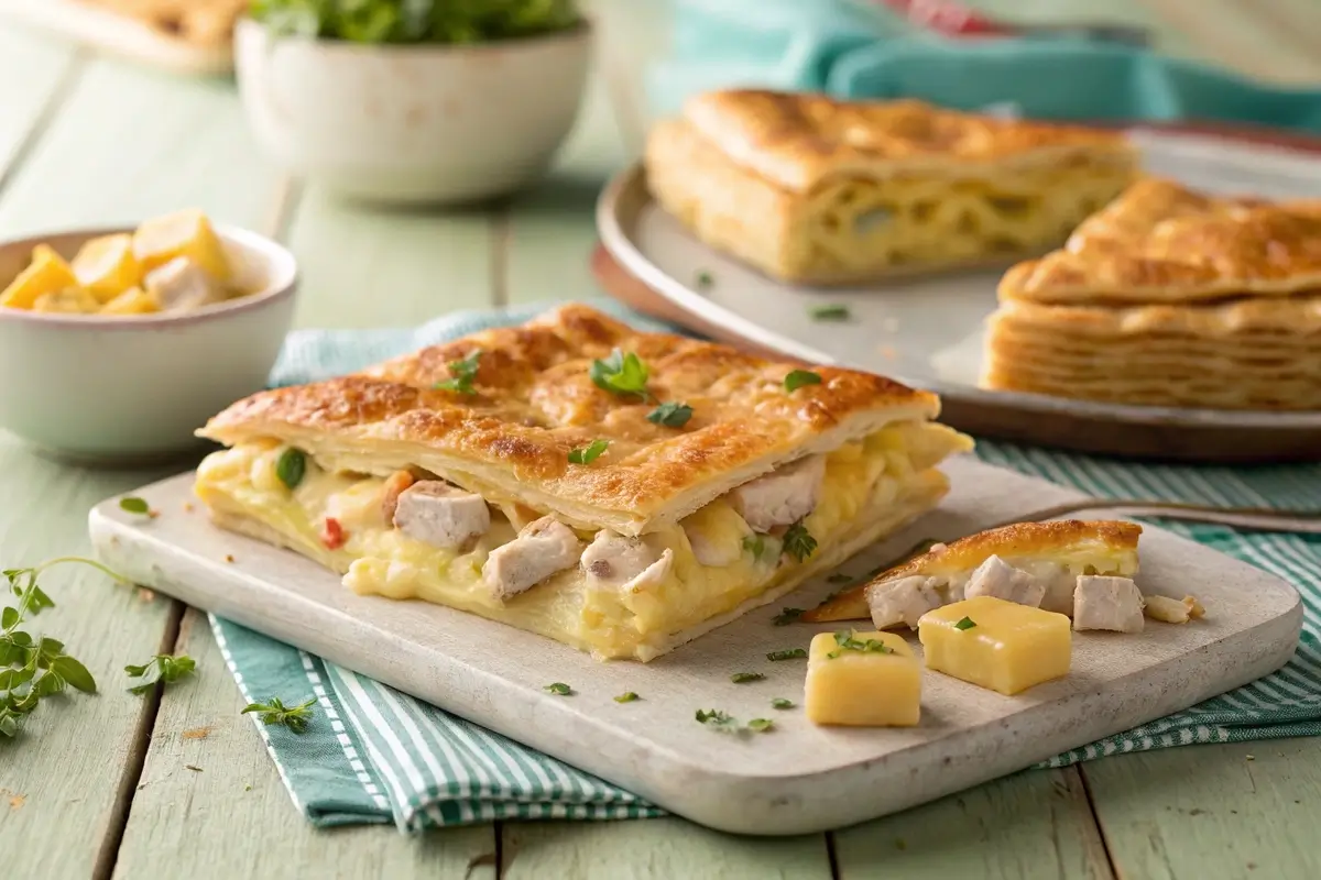 Delicious chicken and cheese jalousie recipe with flaky pastry and melted cheese.