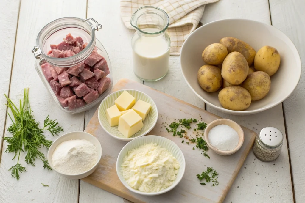 Ingredients for chipped beef flour dumplings potatoes recipe.