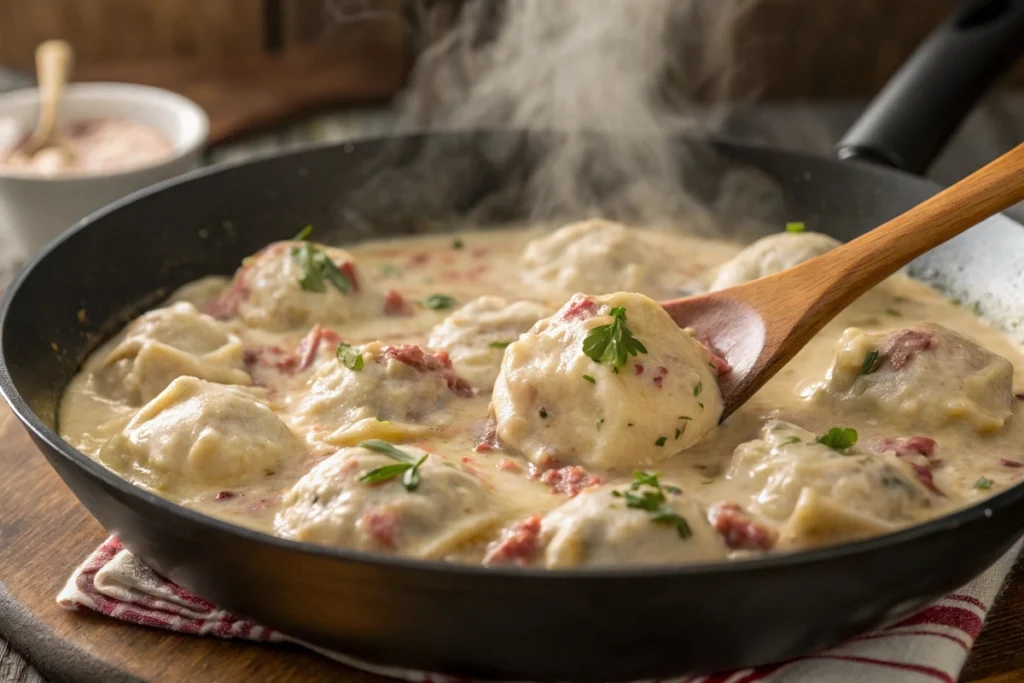 Dumplings simmering in creamy chipped beef sauce.