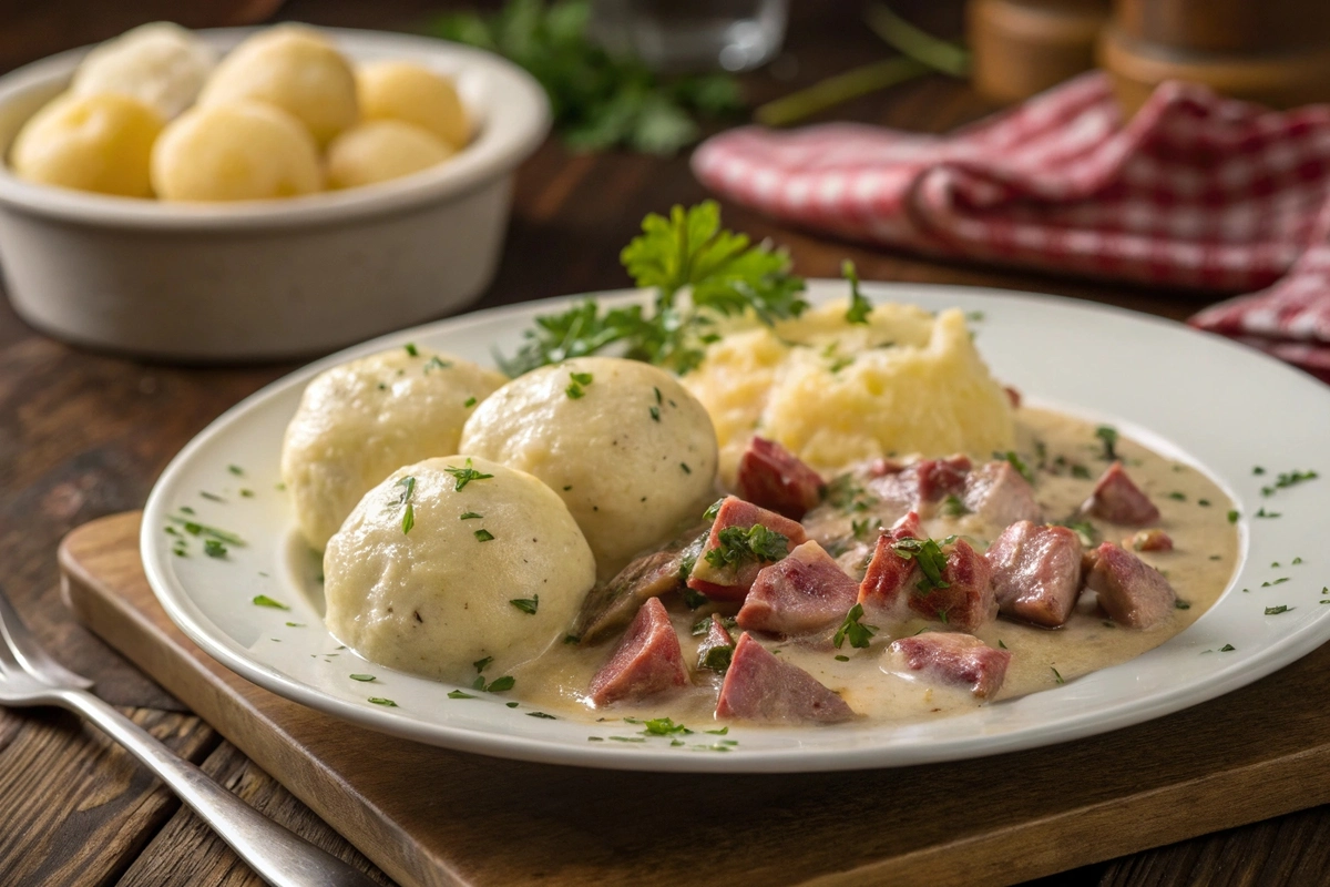 Plated chipped beef flour dumplings potatoes with creamy sauce.