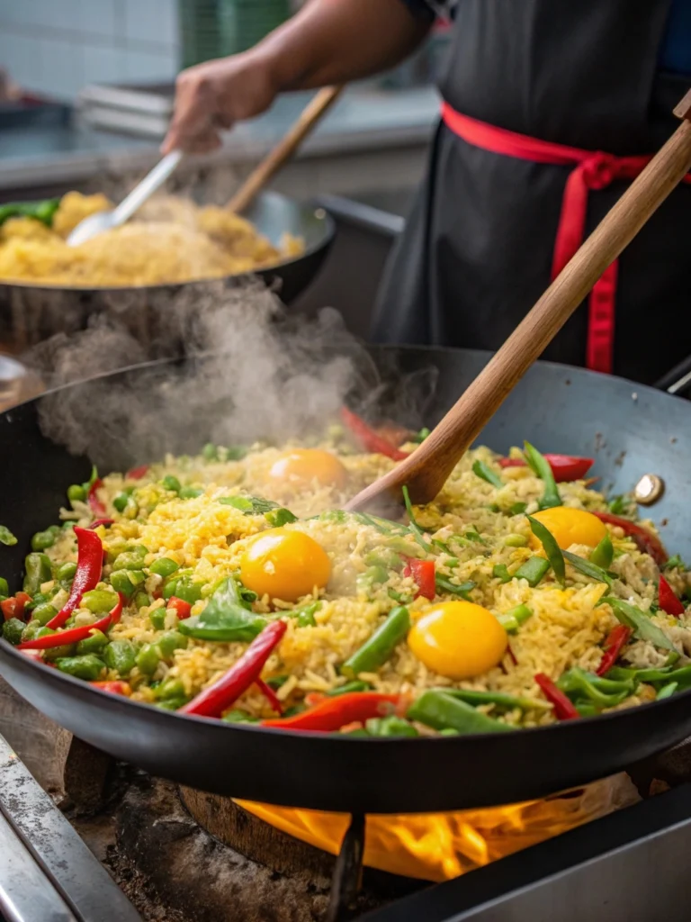 Chef stirring a wok for anjappar style egg fried rice recipe"