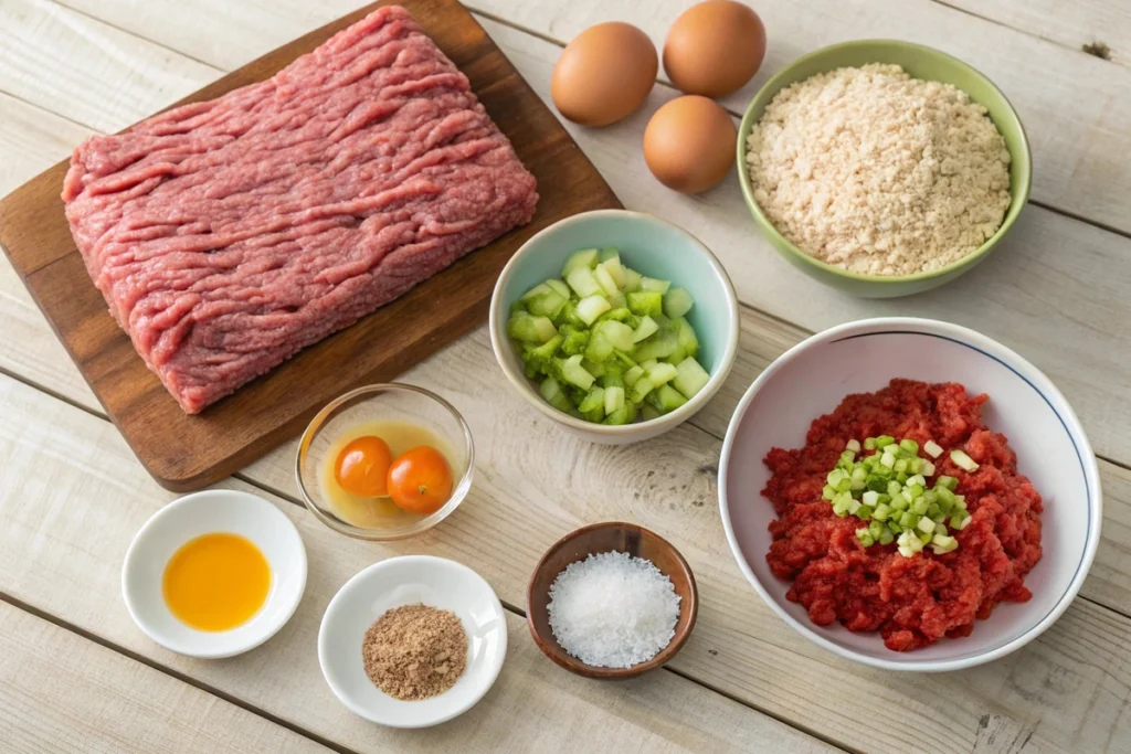 Ingredients for Creole meatloaf, including beef, pork, spices, and vegetables
