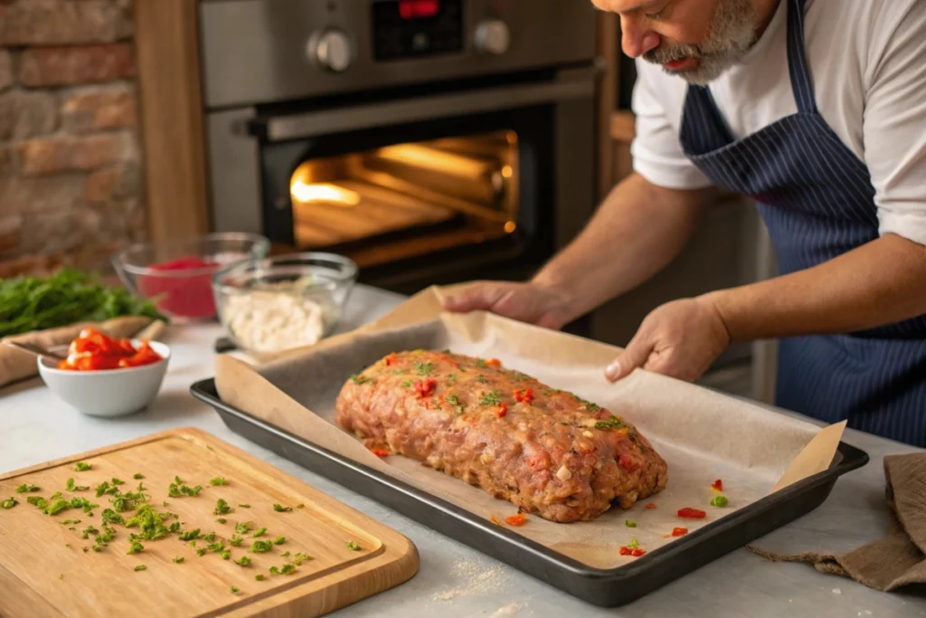 Shaping a seasoned Creole meatloaf before baking