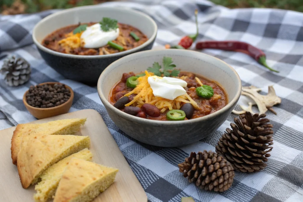Serving deer camp venison chili recipe with toppings and cornbread