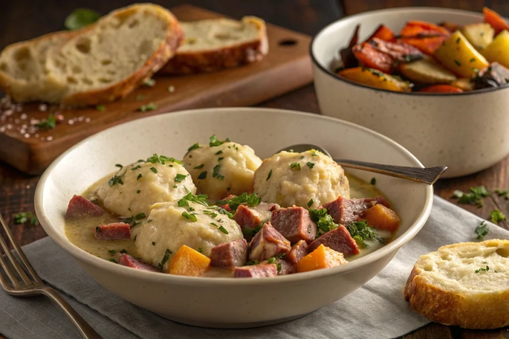 Served chipped beef flour dumplings potatoes with side dishes.