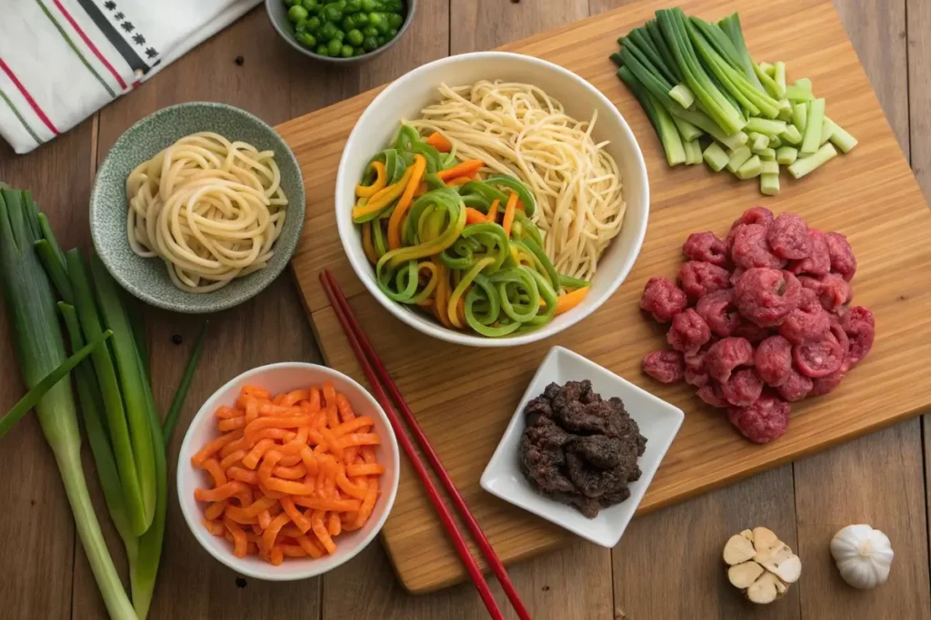 Essential ingredients for mongolian ground beef noodles arranged neatly