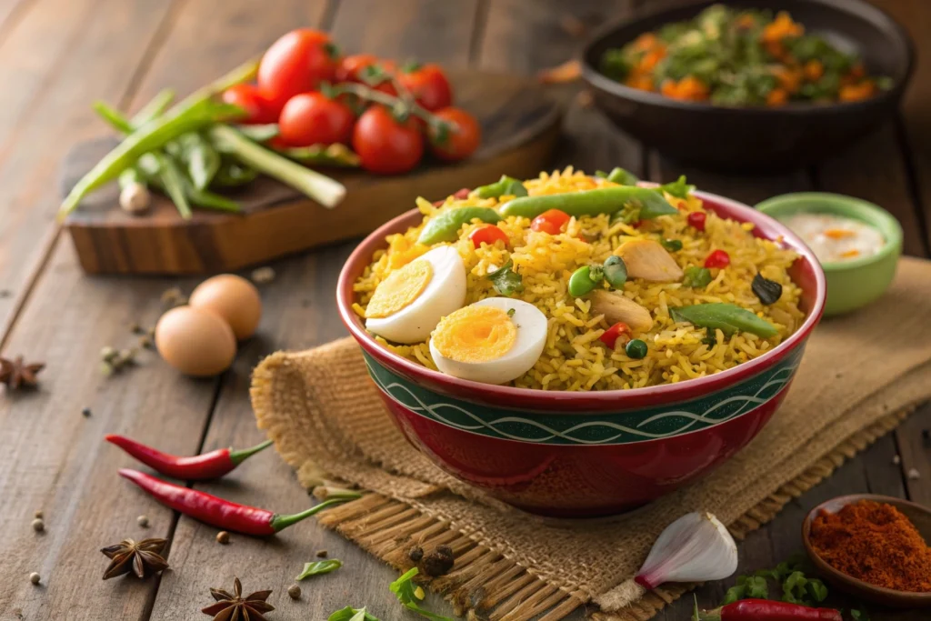 Vibrant bowl of anjappar style egg fried rice recipe on a rustic table