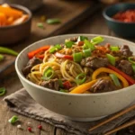 Eye-catching mongolian ground beef noodles featured image.