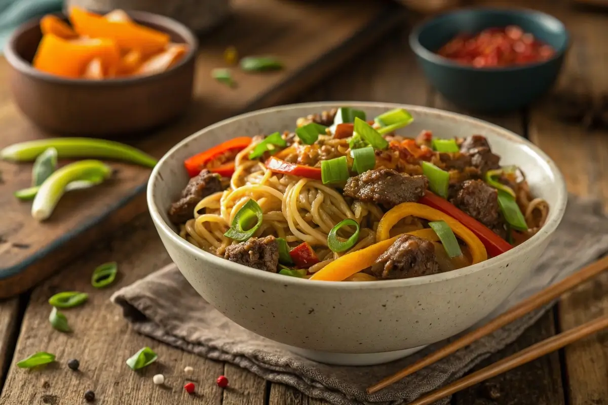 Eye-catching mongolian ground beef noodles featured image.