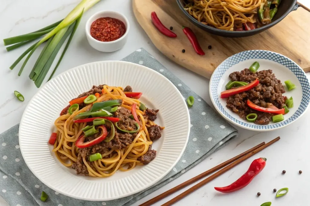 Final plated mongolian ground beef noodles in an artful presentation