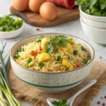Final plated anjappar style egg fried rice recipe garnished with herbs