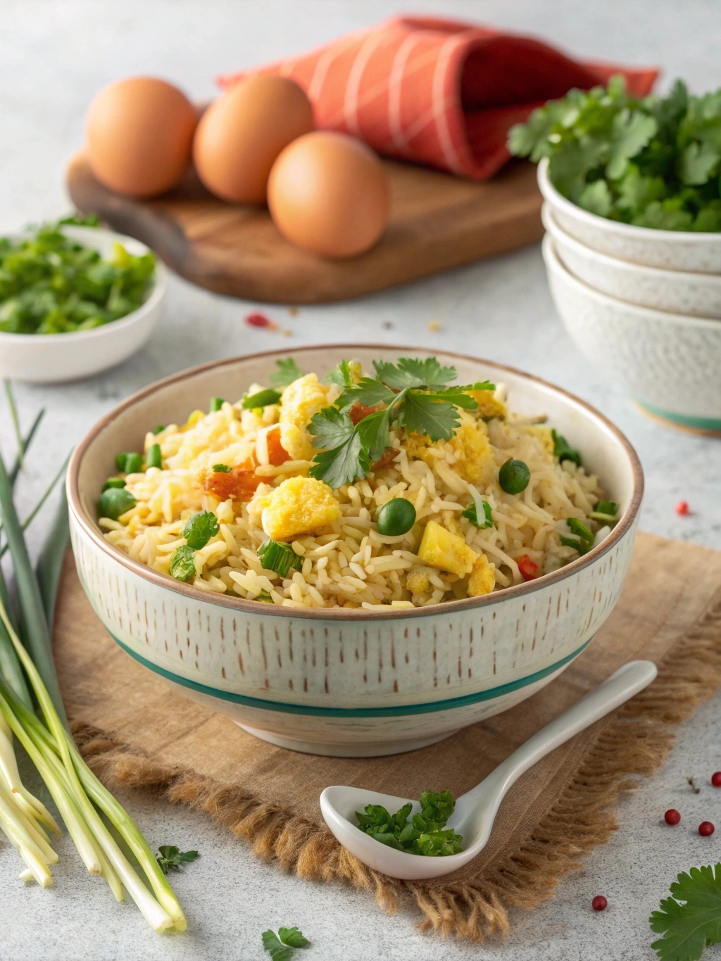 Final plated anjappar style egg fried rice recipe garnished with herbs
